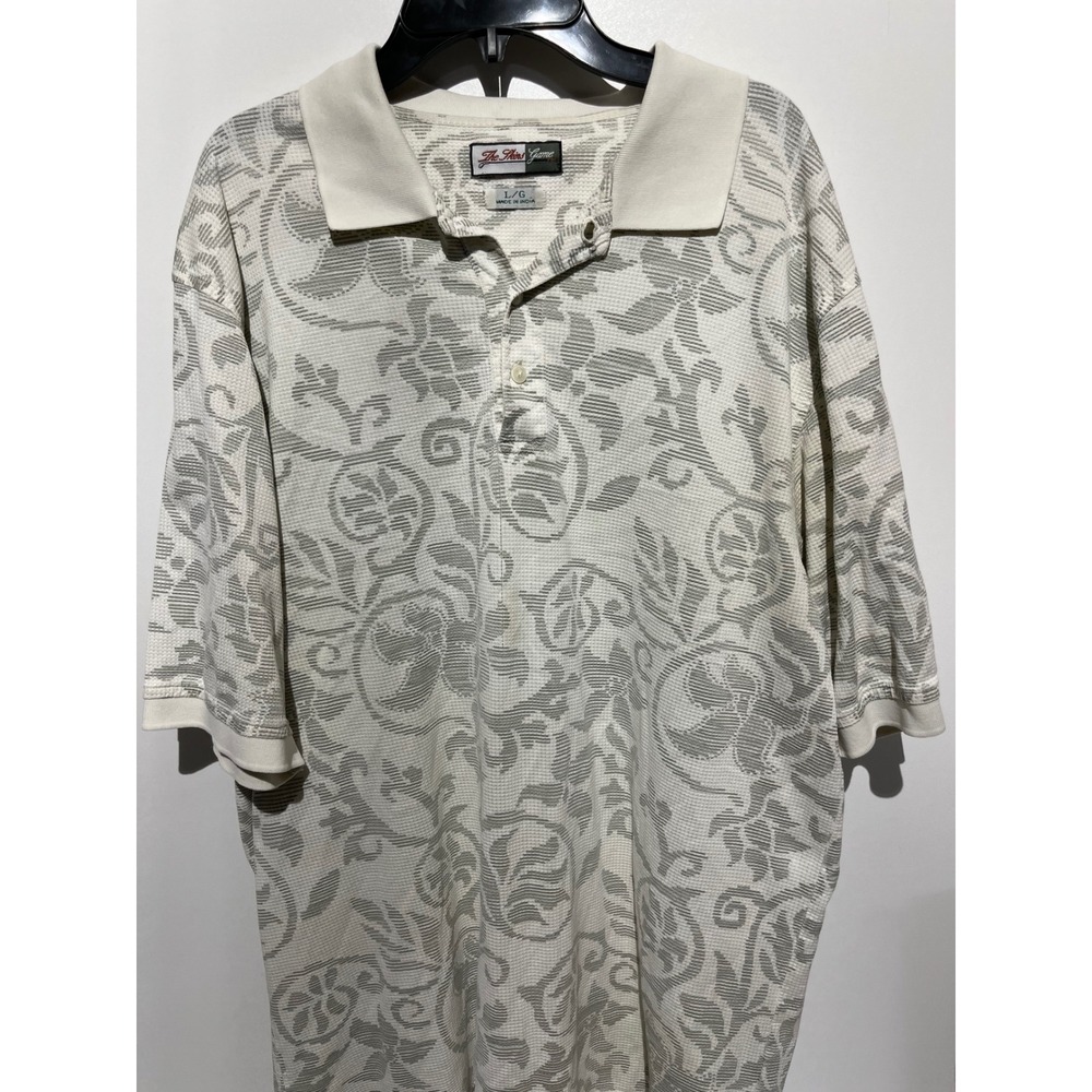 The Skins Game Mens Large Polo Shirt Waffle Knit Scroll Floral Damask Cream Grey